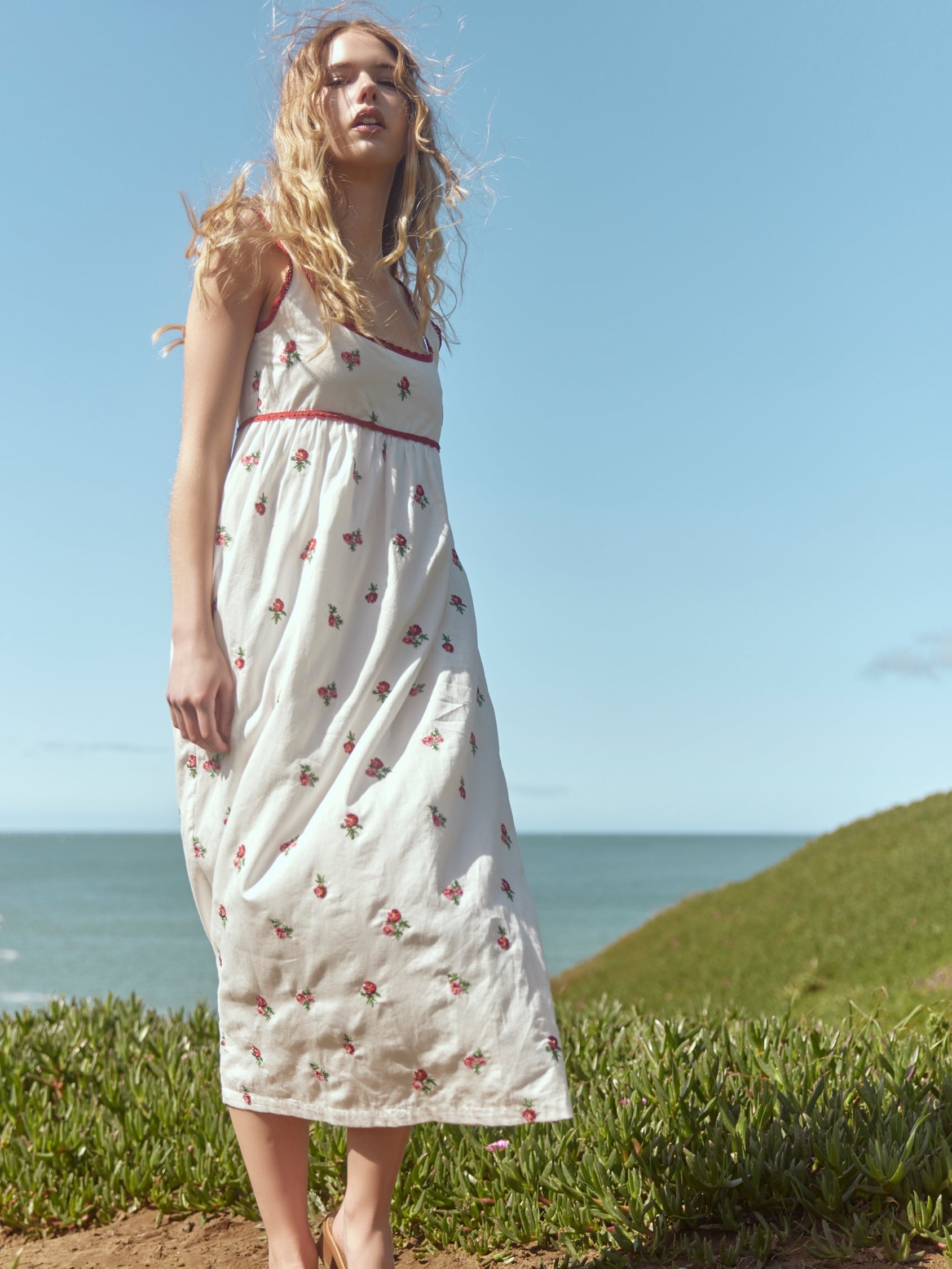 Emily Embroidered Midi Dress - Sugar/Salsa Ditsy Floral Embroidery