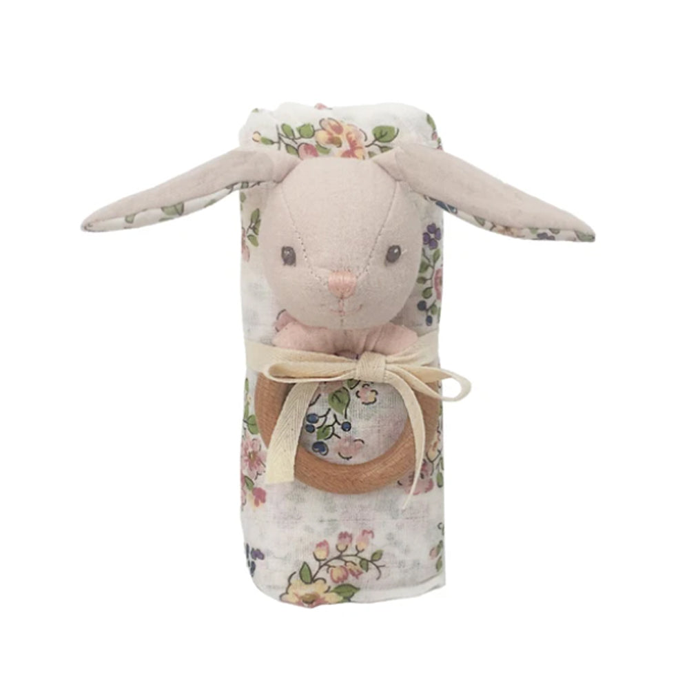 Floral Muslin and Bunny Wood Rattle Gift Set