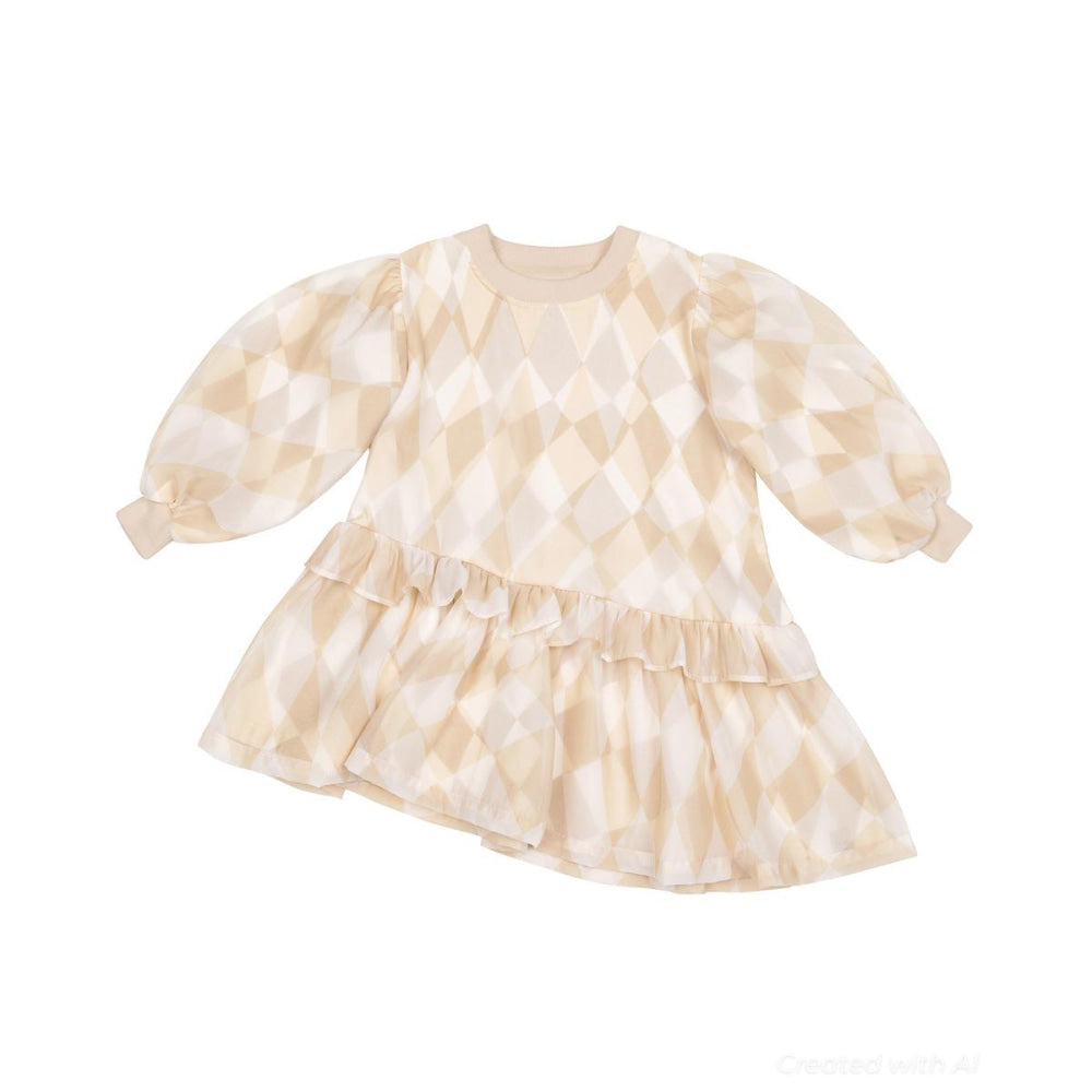 Girls Hi-Low Organza & Terry Dress - Beige