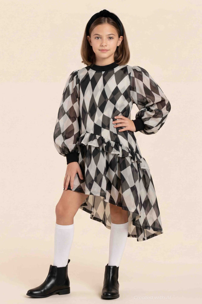 Girls Hi-Low Organza & Terry Dress - Black