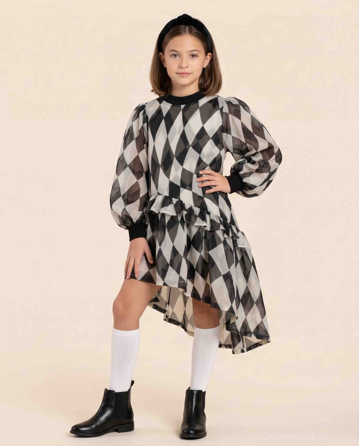 Girls Hi-Low Organza & Terry Dress - Black