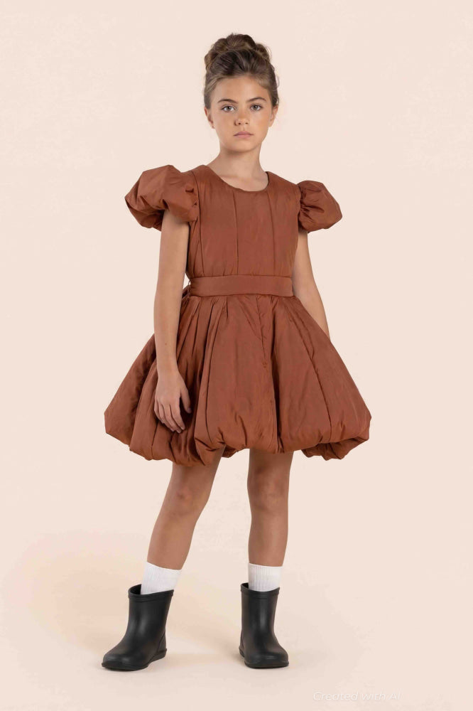 Girls Quilted Nylon Pinafore Dress - Rust
