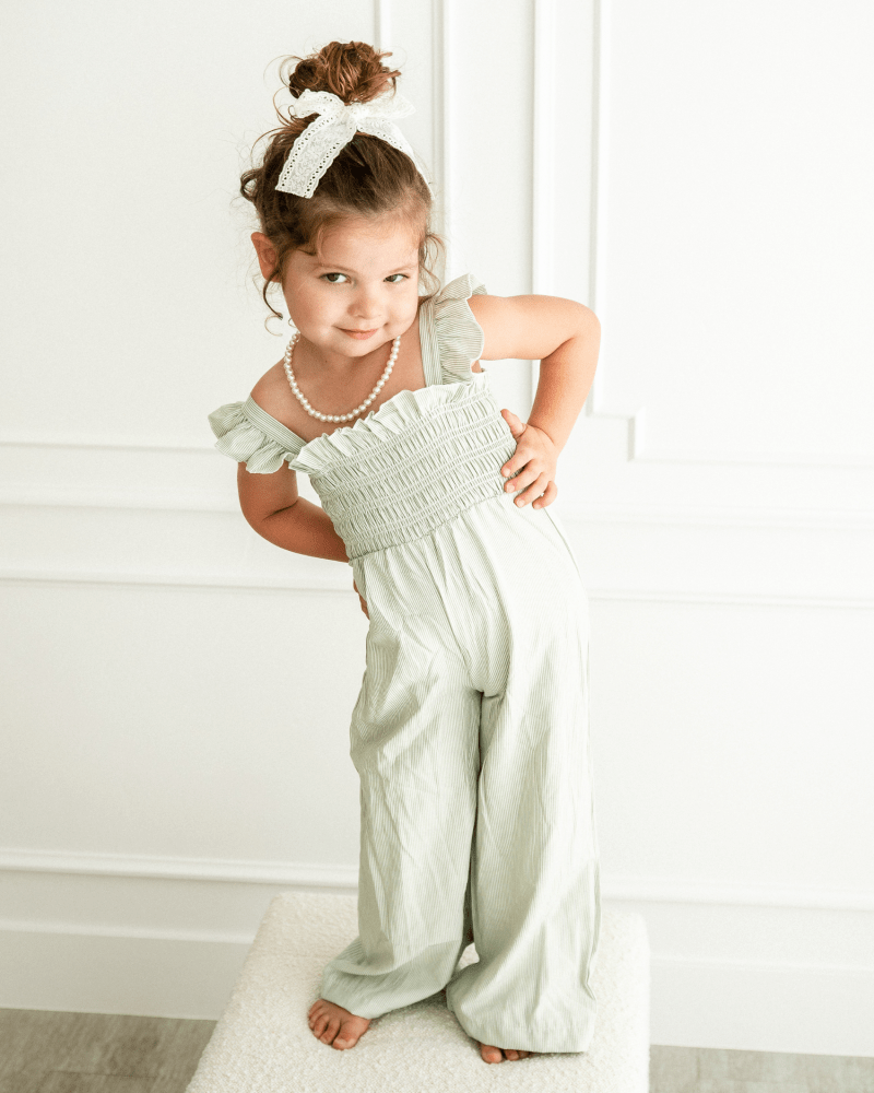 Goldie Smocked Jumpsuit - Sage Pinstripe