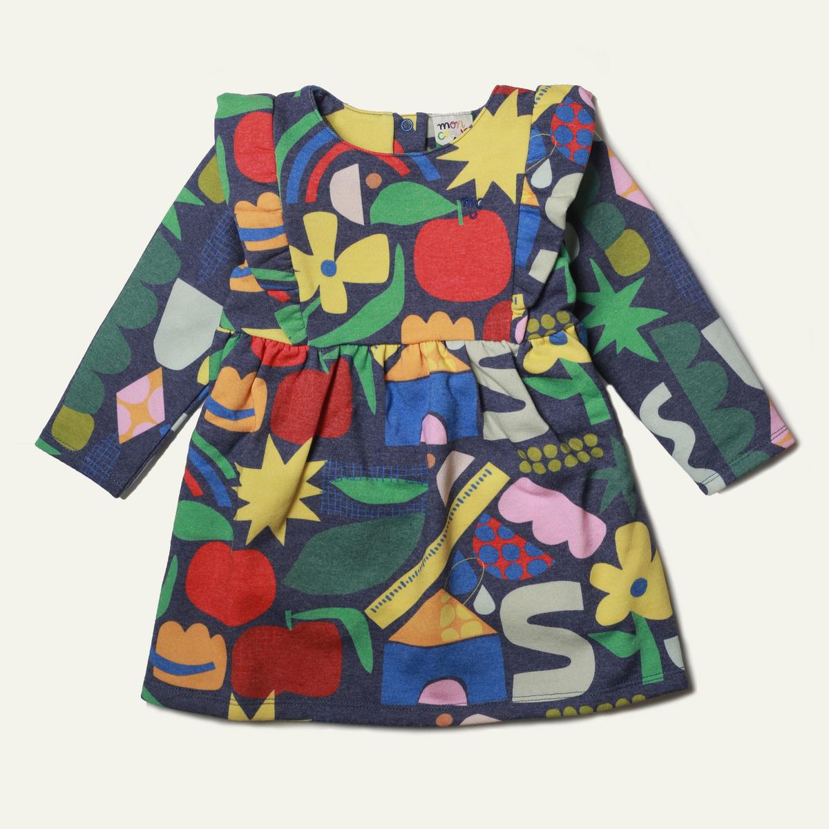 Recycled Cotton Pattern Baby Ruffle Dress - Blue Ribbon Multi