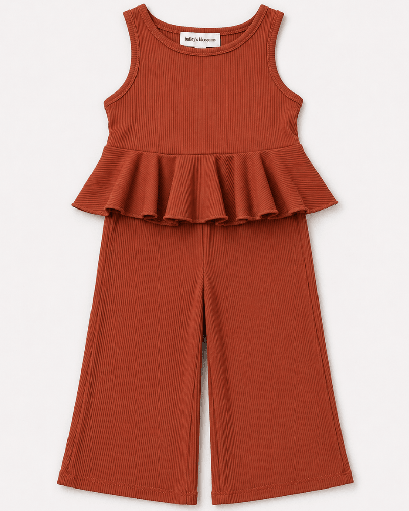 Hattie Peplum Top Two-Piece Wide Leg Set - Copper Ember