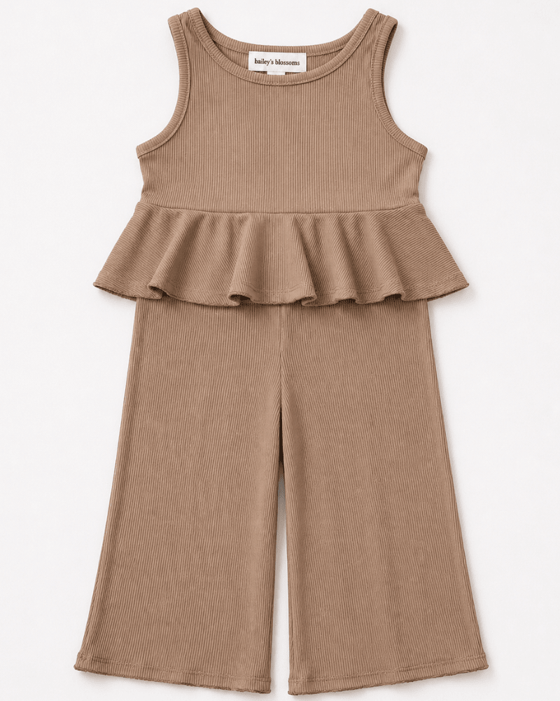Hattie Peplum Top Two-Piece Wide Leg Set - Oatmilk