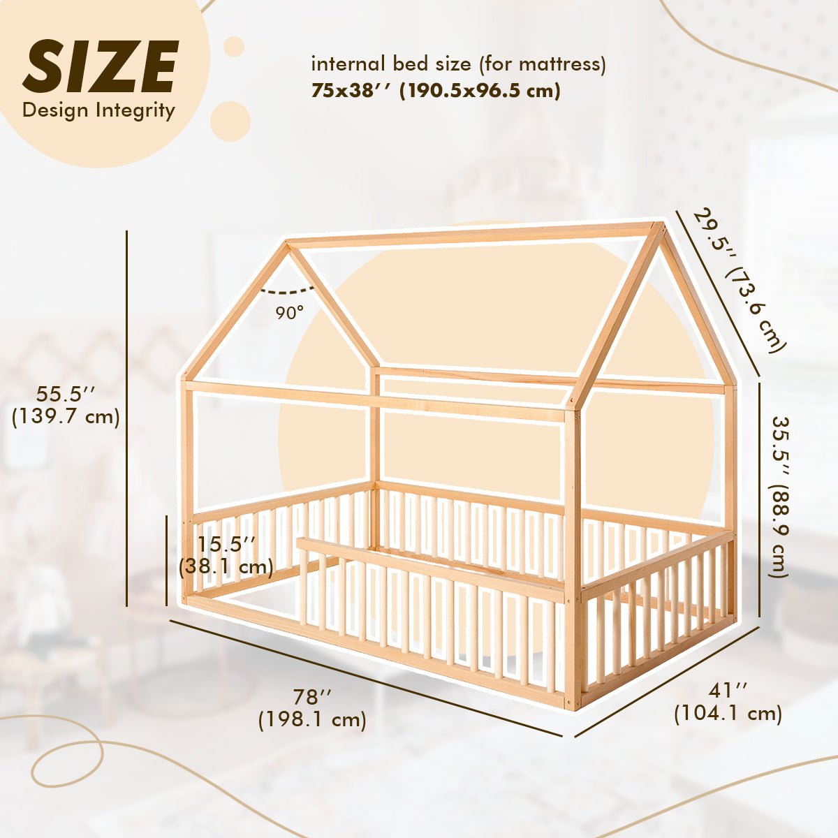 Twin Size Montessori House Bed for Kids with Fence (75x38 inch) Beds Goodevas