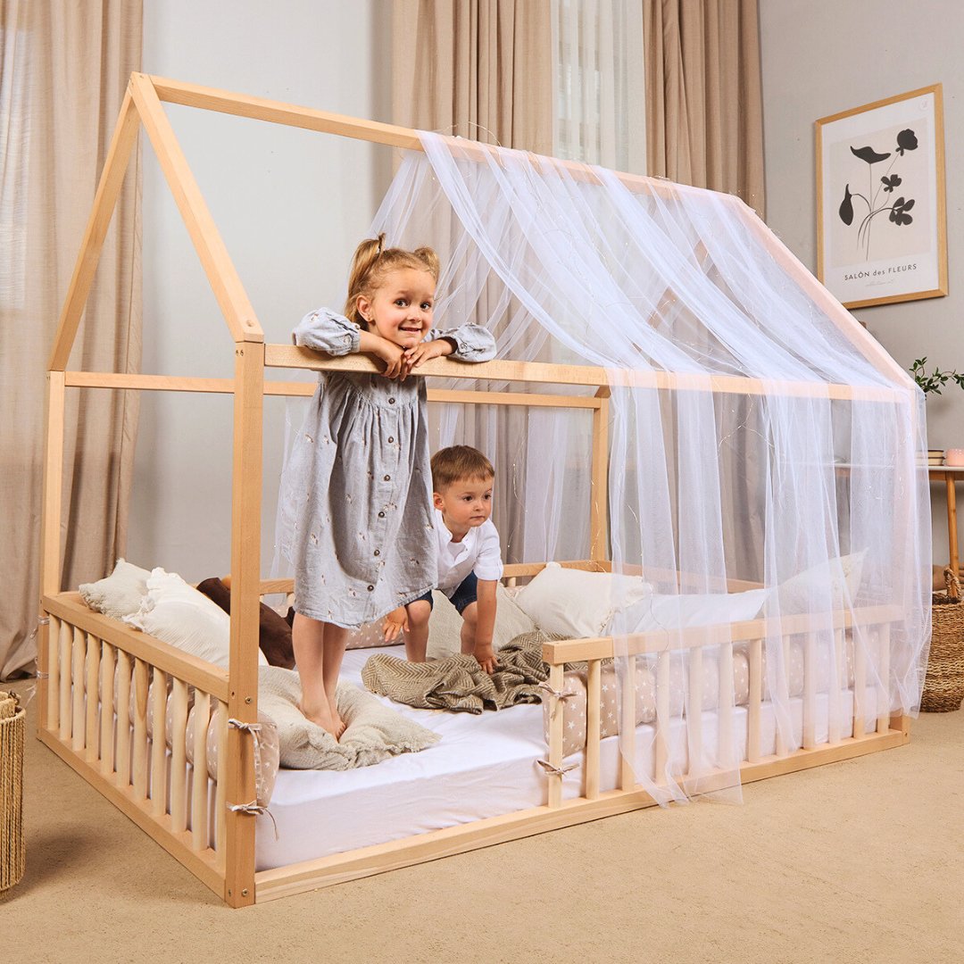 Twin Size Montessori House Bed for Kids with Fence (75x38 inch) Beds Goodevas