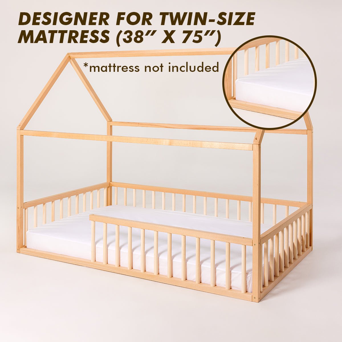 Twin Size Montessori House Bed for Kids with Fence (75x38 inch) Beds Goodevas