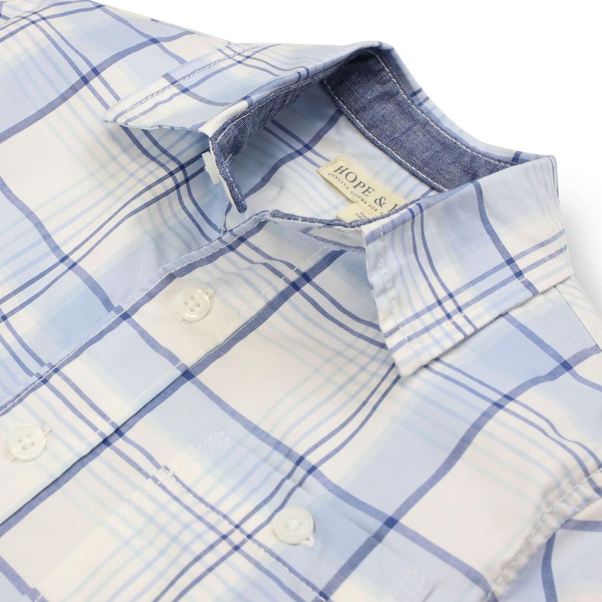 Stretch Short Sleeve Button Down Shirt - Classic Blue Tonal Plaid