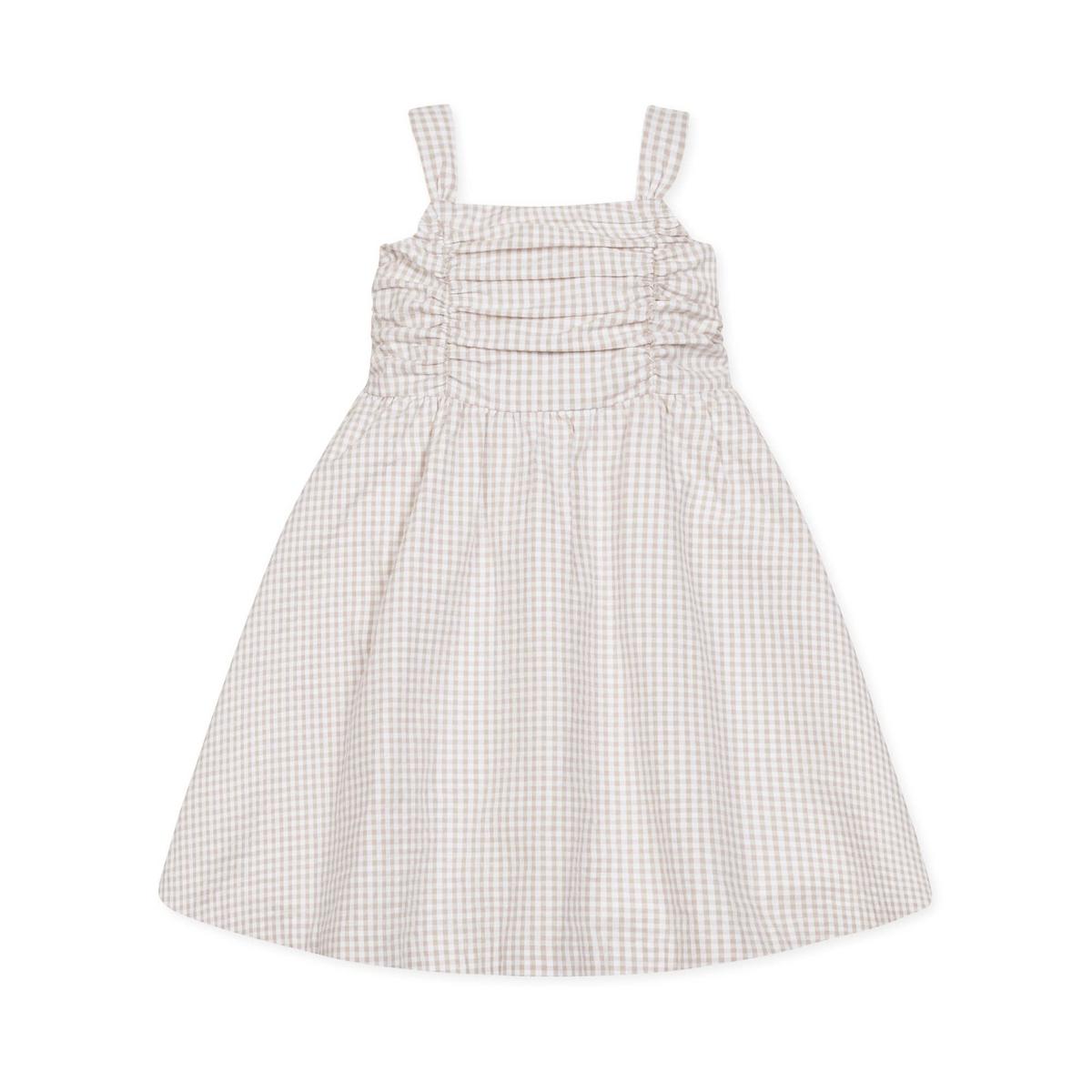 Baby Organic Ruched Bodice Party Dress - Taupe Gingham Seersucker