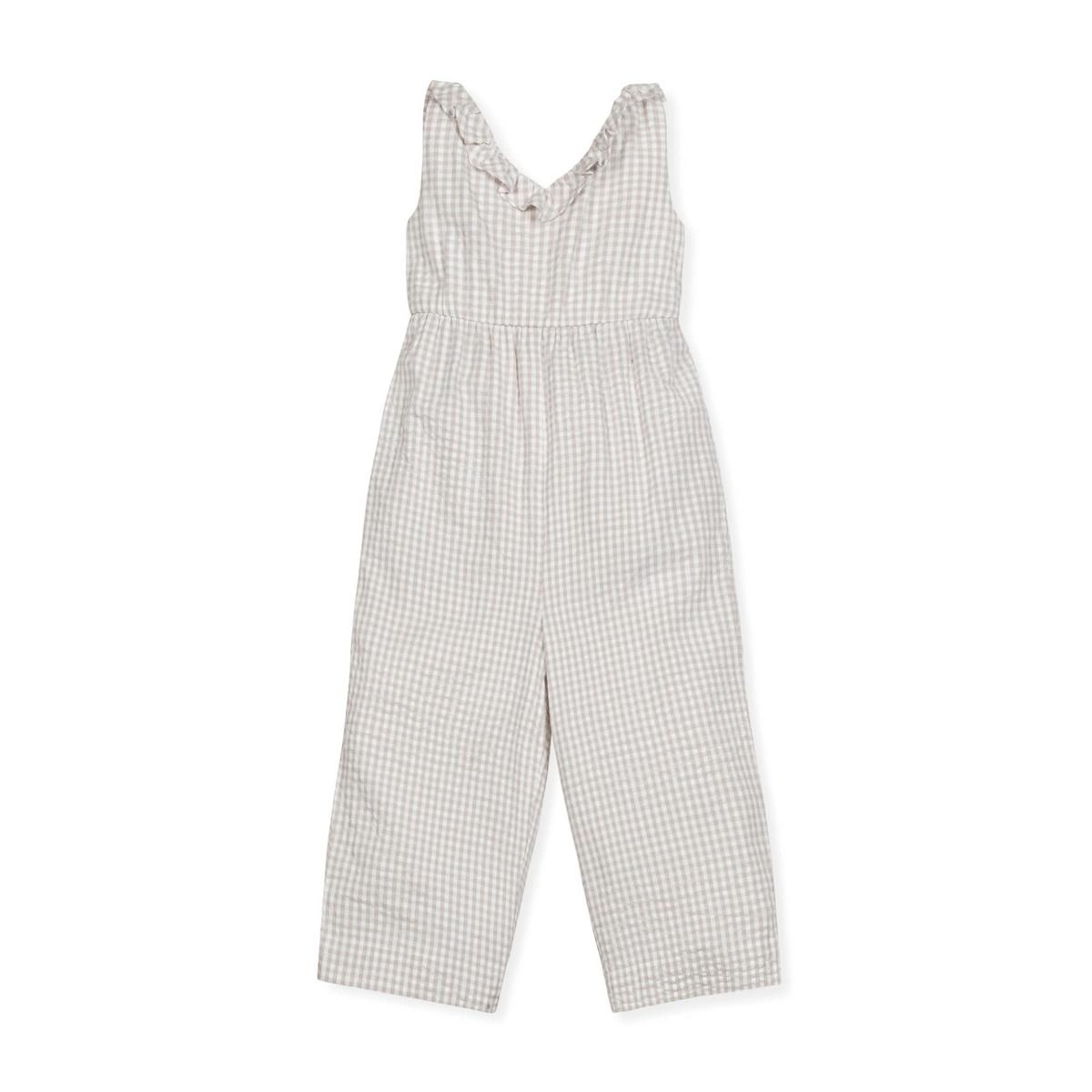 Ruffle Neck Organic Jumpsuit - Taupe Gingham Seersucker