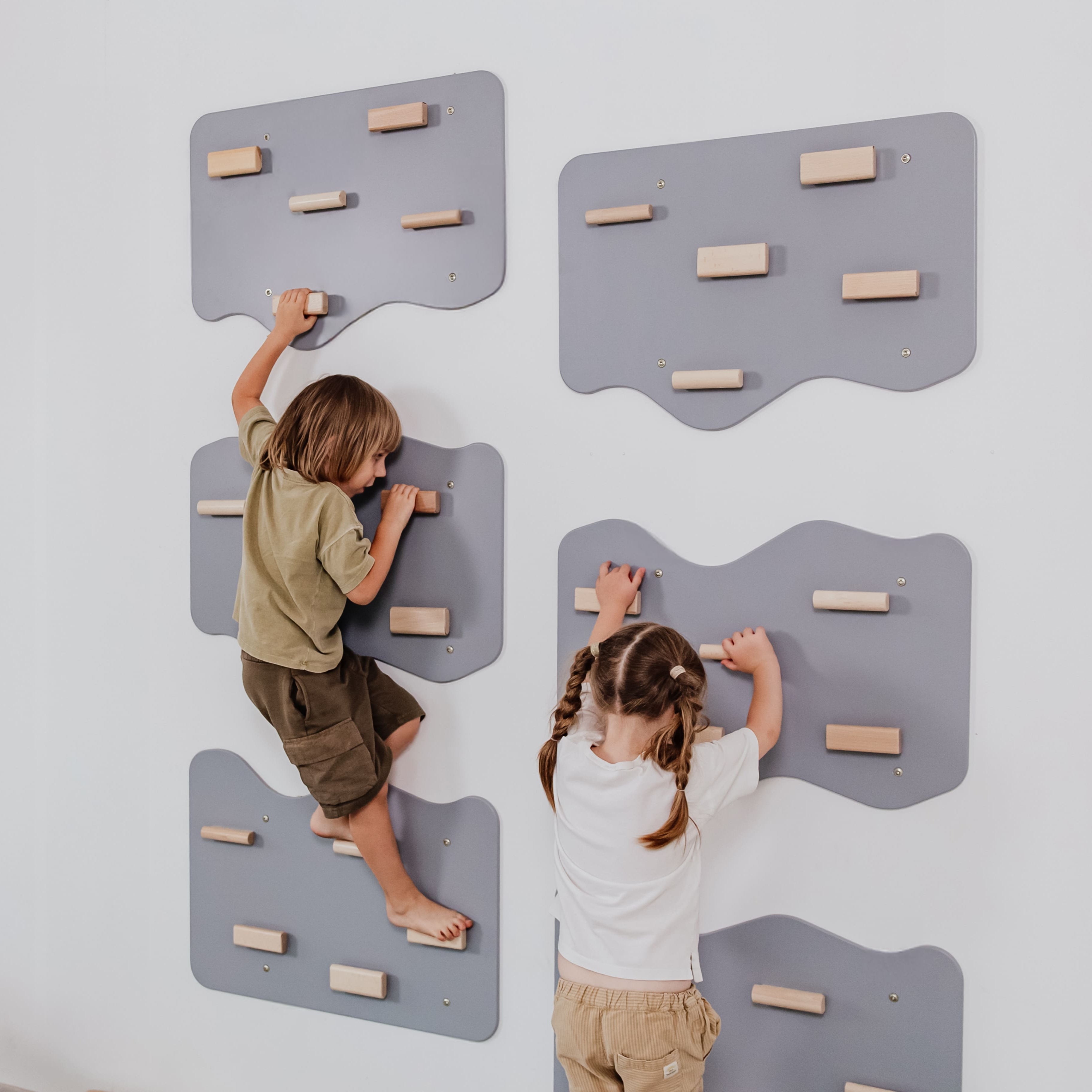 Indoor Rock Wall with Cloud-Shaped Panels & Wooden Climbing Holds for Kids 3-10