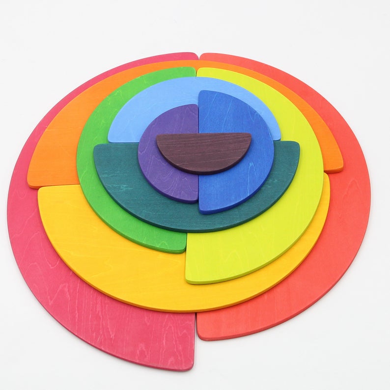 **Pre-Order (Ships in 2–3 Weeks)**11 Pcs Large Wooden Rainbow Stacking Semi-Circles – Primary Colors