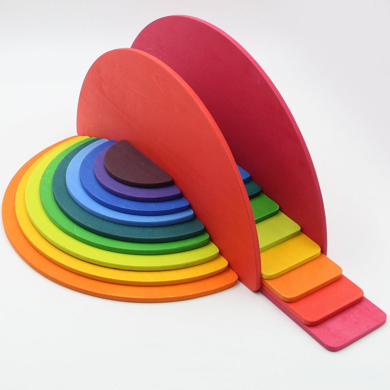 **Pre-Order (Ships in 2–3 Weeks)**11 Pcs Large Wooden Rainbow Stacking Semi-Circles – Primary Colors
