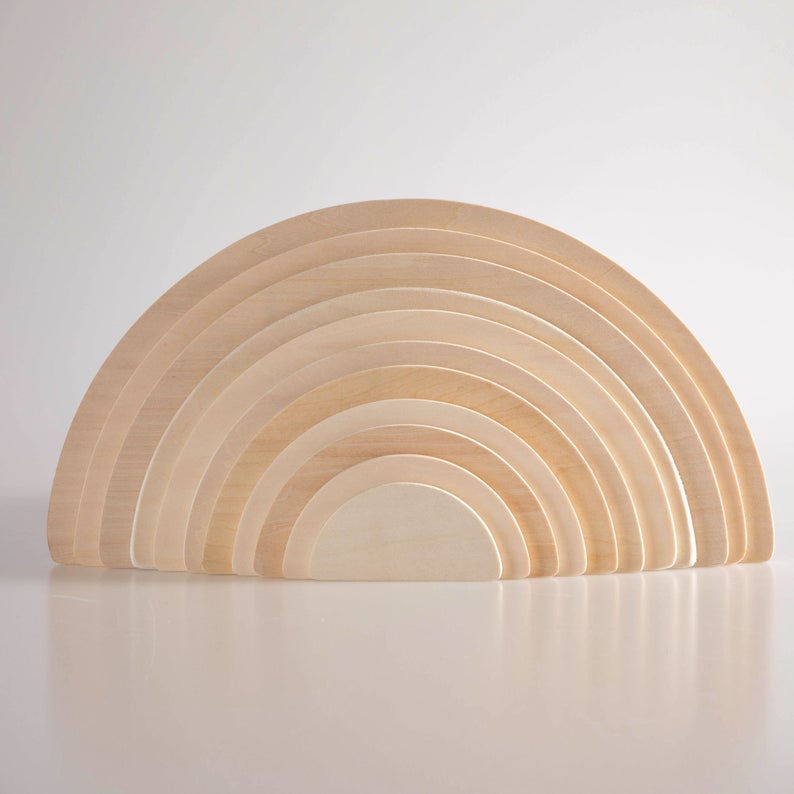 **Pre-order (Ships in 2-3 Weeks)**11-Piece Large Wooden Rainbow Stacking Semi-Circle Building Board Set – Natural Colors