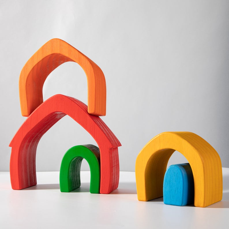 **Pre-order (Ships in 1-2 Weeks)**5 Pcs STAINED Rainbow Wooden Stacking House