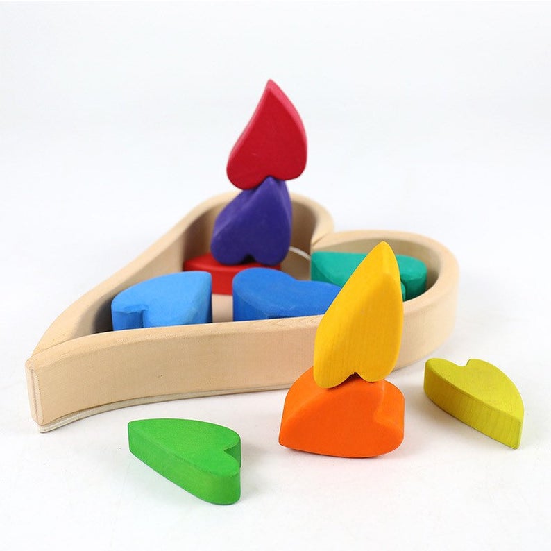 **Pre-order (Ships in 1-2 Weeks)**10-Piece Stained Wooden Rainbow Heart Stacking Puzzle Blocks