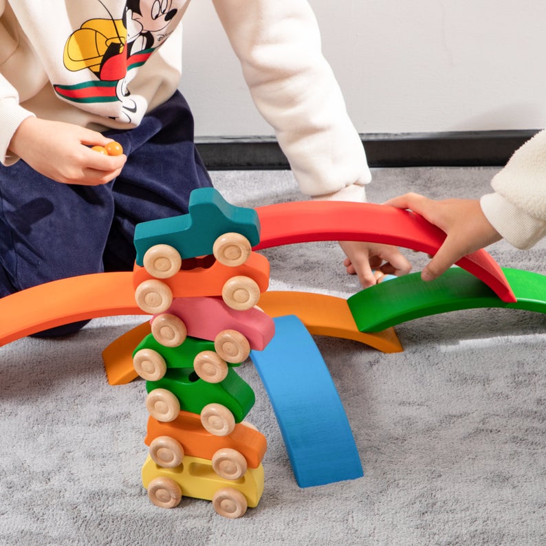 **Pre-order (Ships in 2-3 Weeks)**6-Piece Basswood Rainbow Bridge Building Blocks| Painted & Hand-Stained