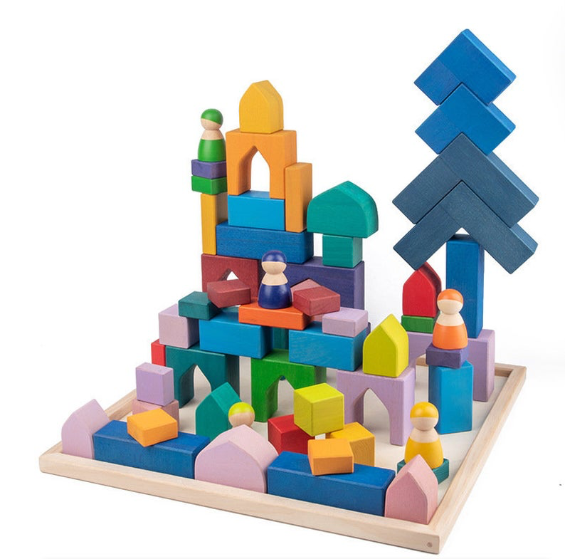 **Pre-order (Ships in 1-2 Weeks)**54 Pcs STAINED Arabian 1001 Nights Inspired Wooden Building Blocks Set with Tray