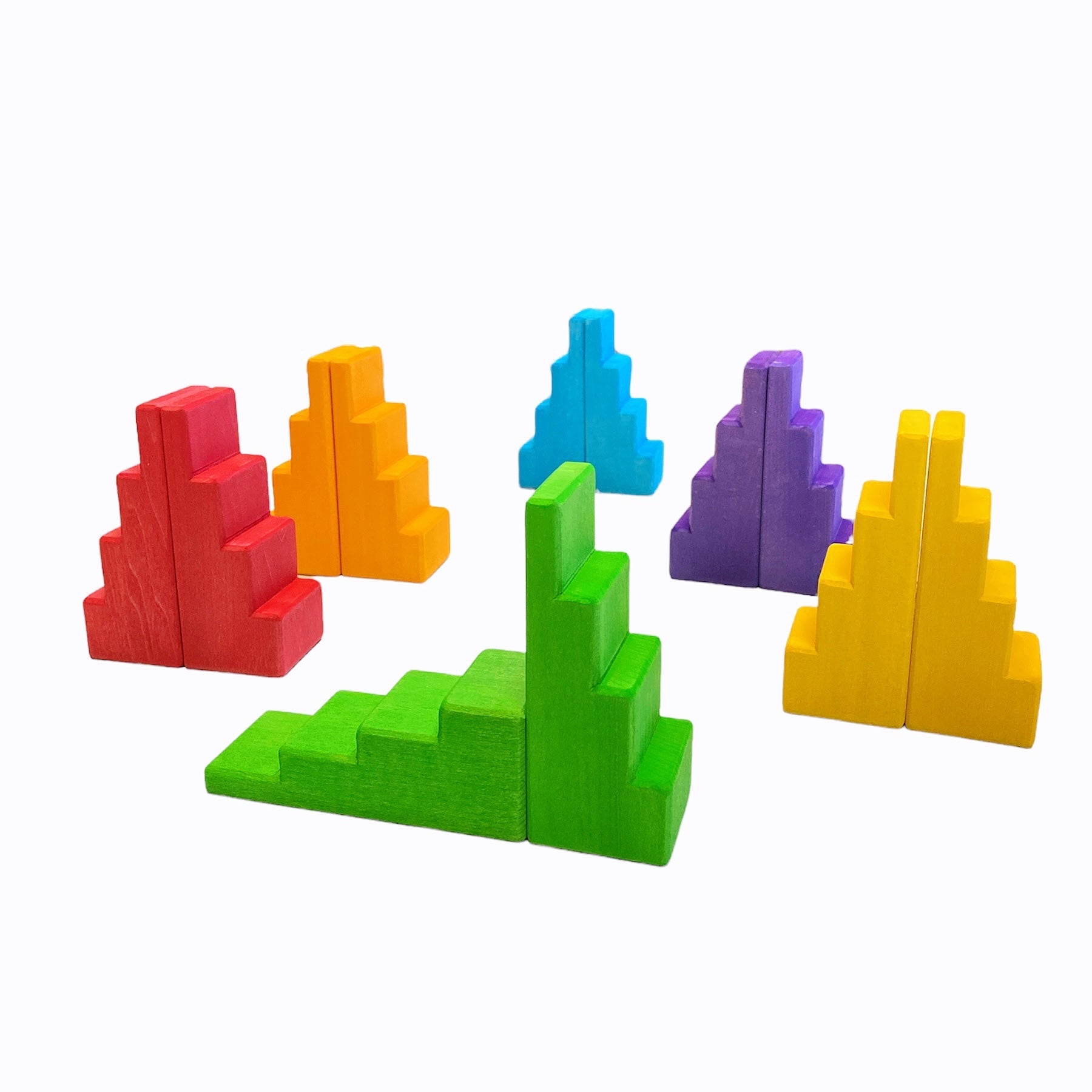 **Pre-order (Ships in 2-3 Weeks)**12-Piece Stained Stepped Roof Building Block Set — Primary Rainbow Colors