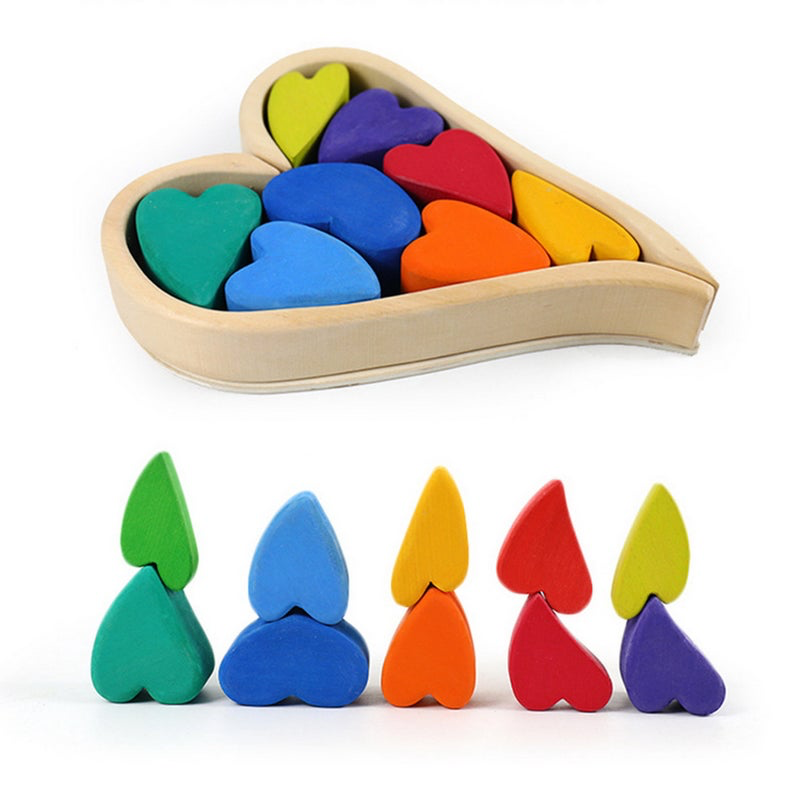 **Pre-order (Ships in 1-2 Weeks)**10-Piece Stained Wooden Rainbow Heart Stacking Puzzle Blocks