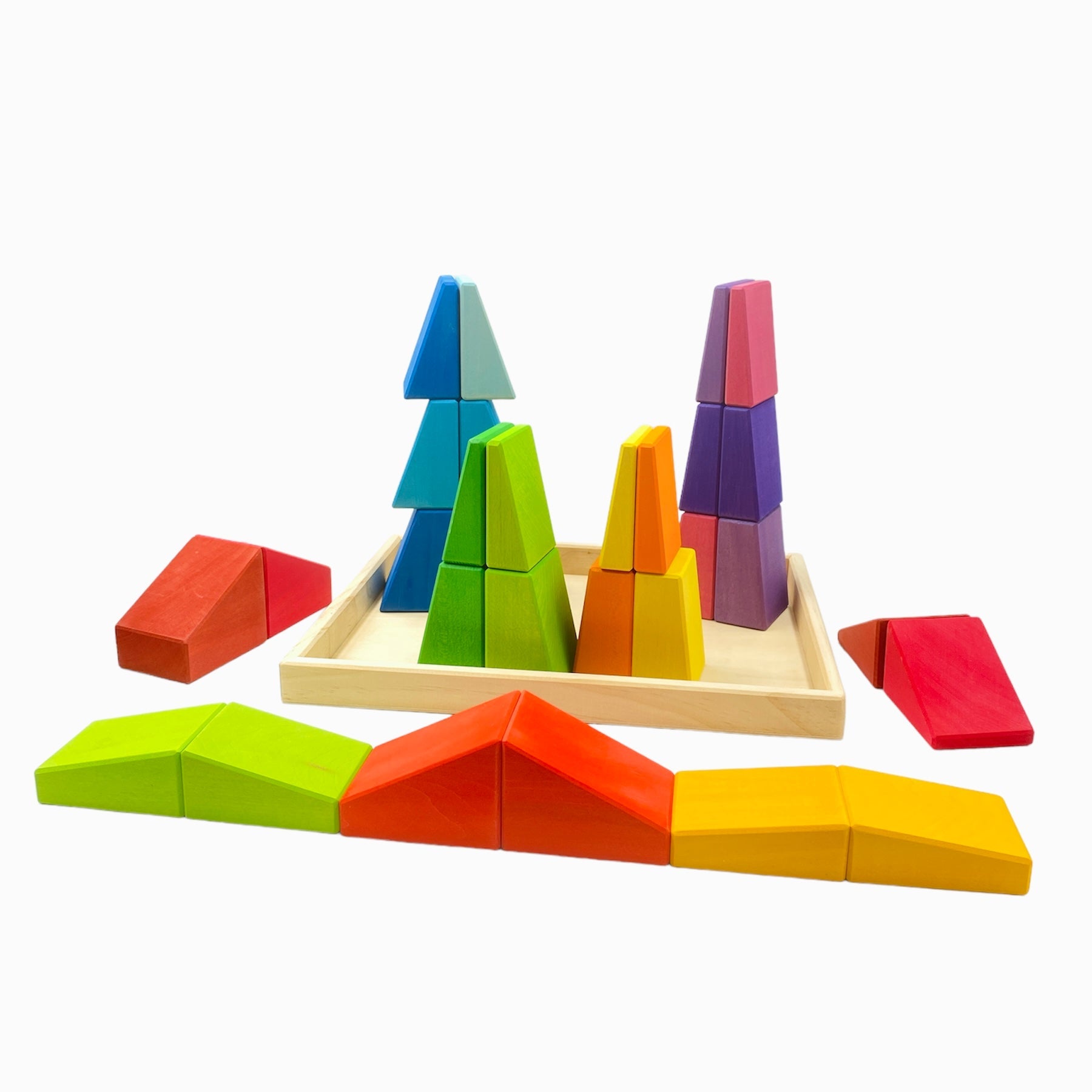 **Pre-order (Ships in 1-2 Weeks)**30 Pcs Stained Wooden Sloping Blocks – Primary Rainbow Colors with Storage Tray