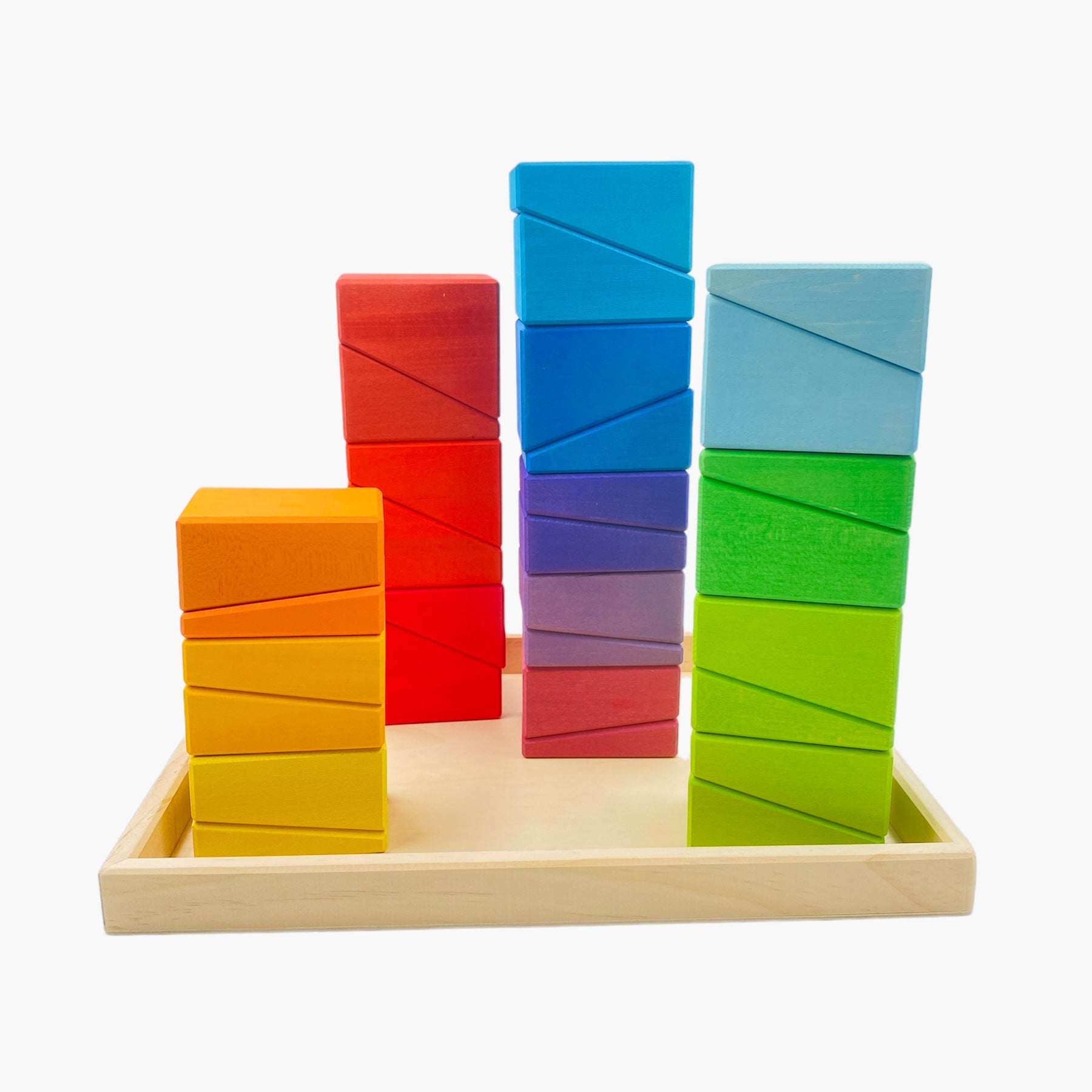 **Pre-order (Ships in 1-2 Weeks)**30 Pcs Stained Wooden Sloping Blocks – Primary Rainbow Colors with Storage Tray