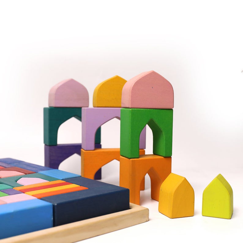 **Pre-order (Ships in 1-2 Weeks)**54 Pcs STAINED Arabian 1001 Nights Inspired Wooden Building Blocks Set with Tray