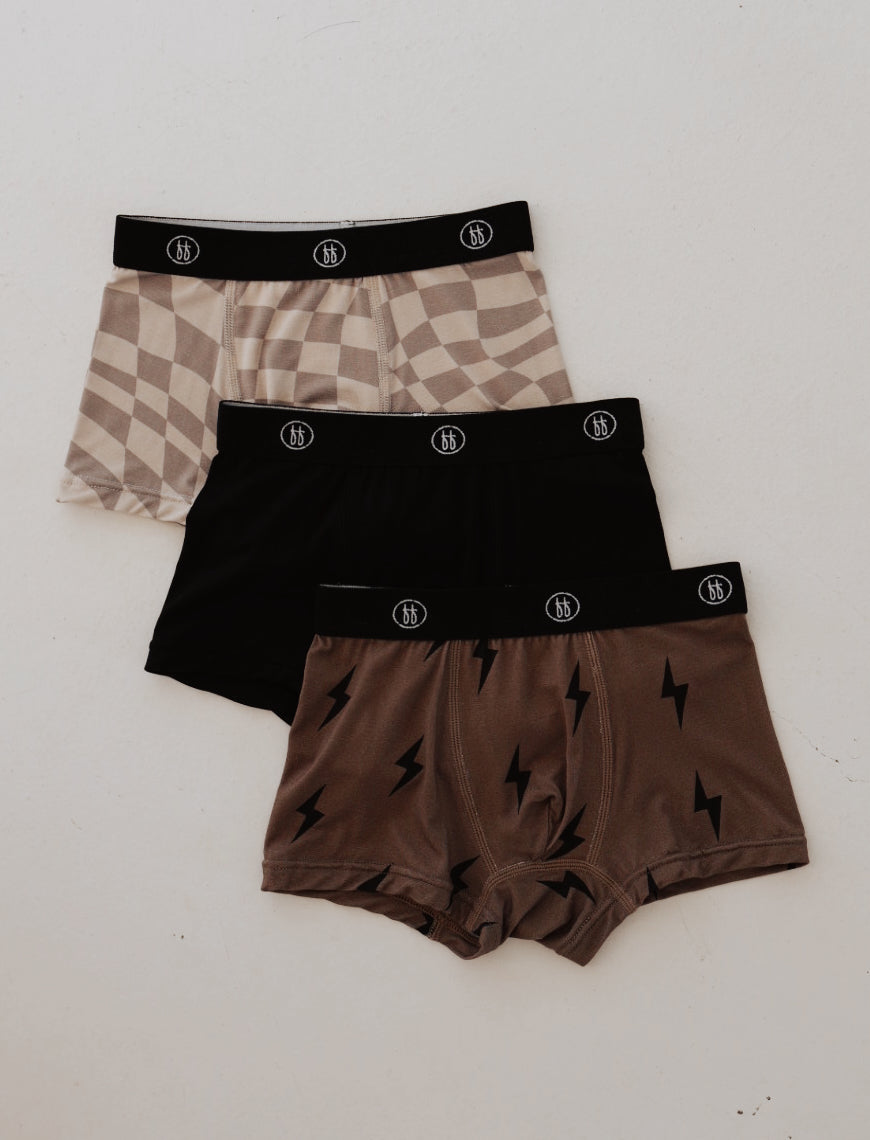 Bamboo Boxers (3 Pack) | Wavy Checkerboard, Lightning Bolt & Black Boxers forever french baby 18-24 Months