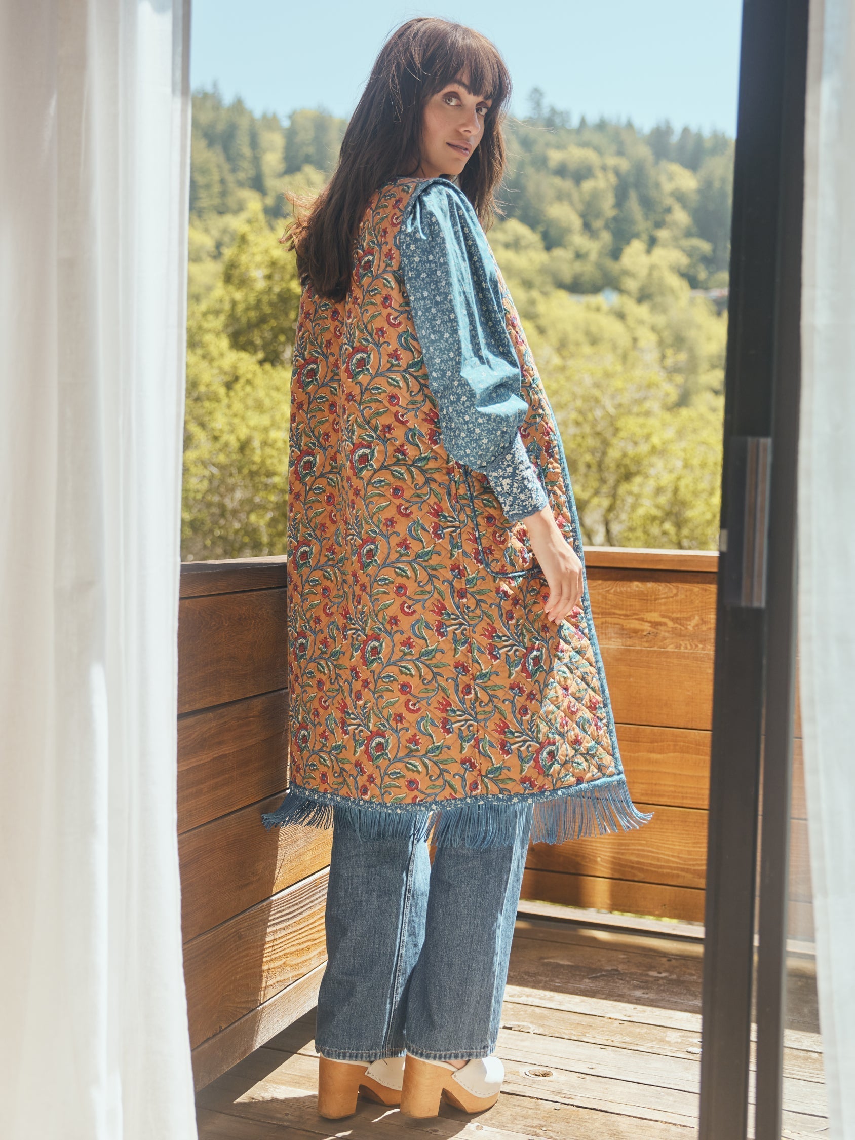 Therese Quilted Reversible Fringe Midi Vest - Tawny/Multicolor Floral & Queen Blue/Mini Alabaster Floral