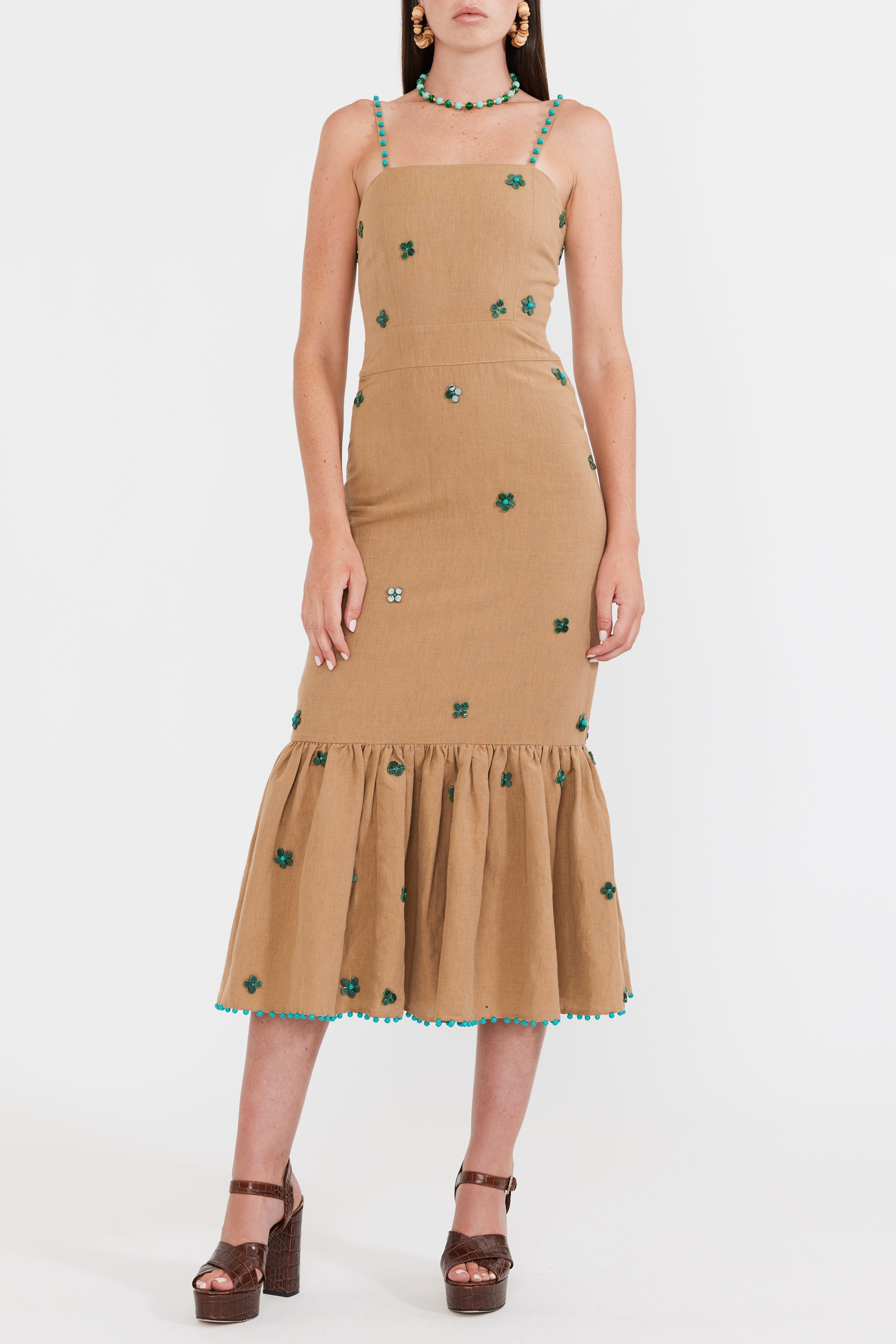 Desirae Midi Dress - Light Fawn & Emeralds