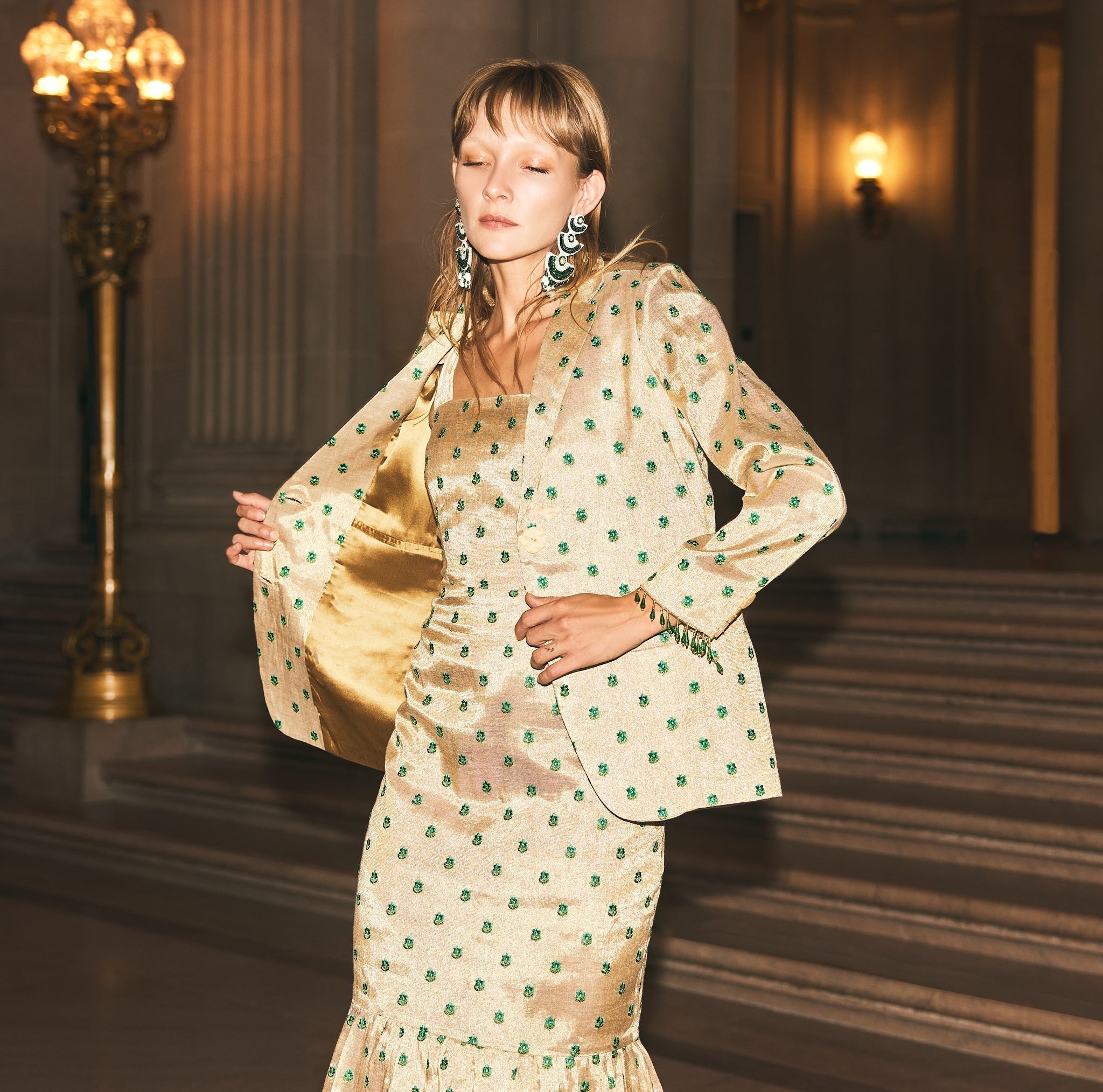 Desirae Embroidered Beaded Blazer - Light Gold/Mini Geometric Floral embroidery