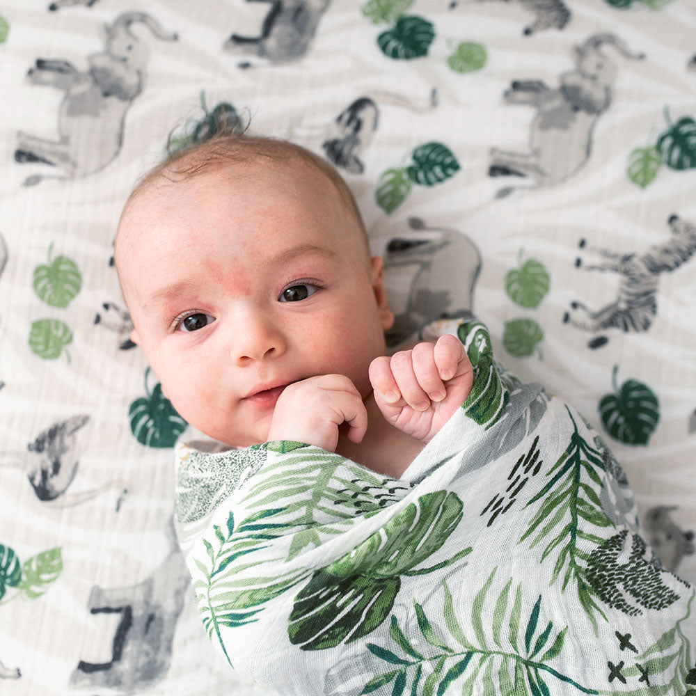 Muslin Swaddle Blanket Set Premium Cotton Jungle + Rainforest Swaddle Blanket Bebe au Lait