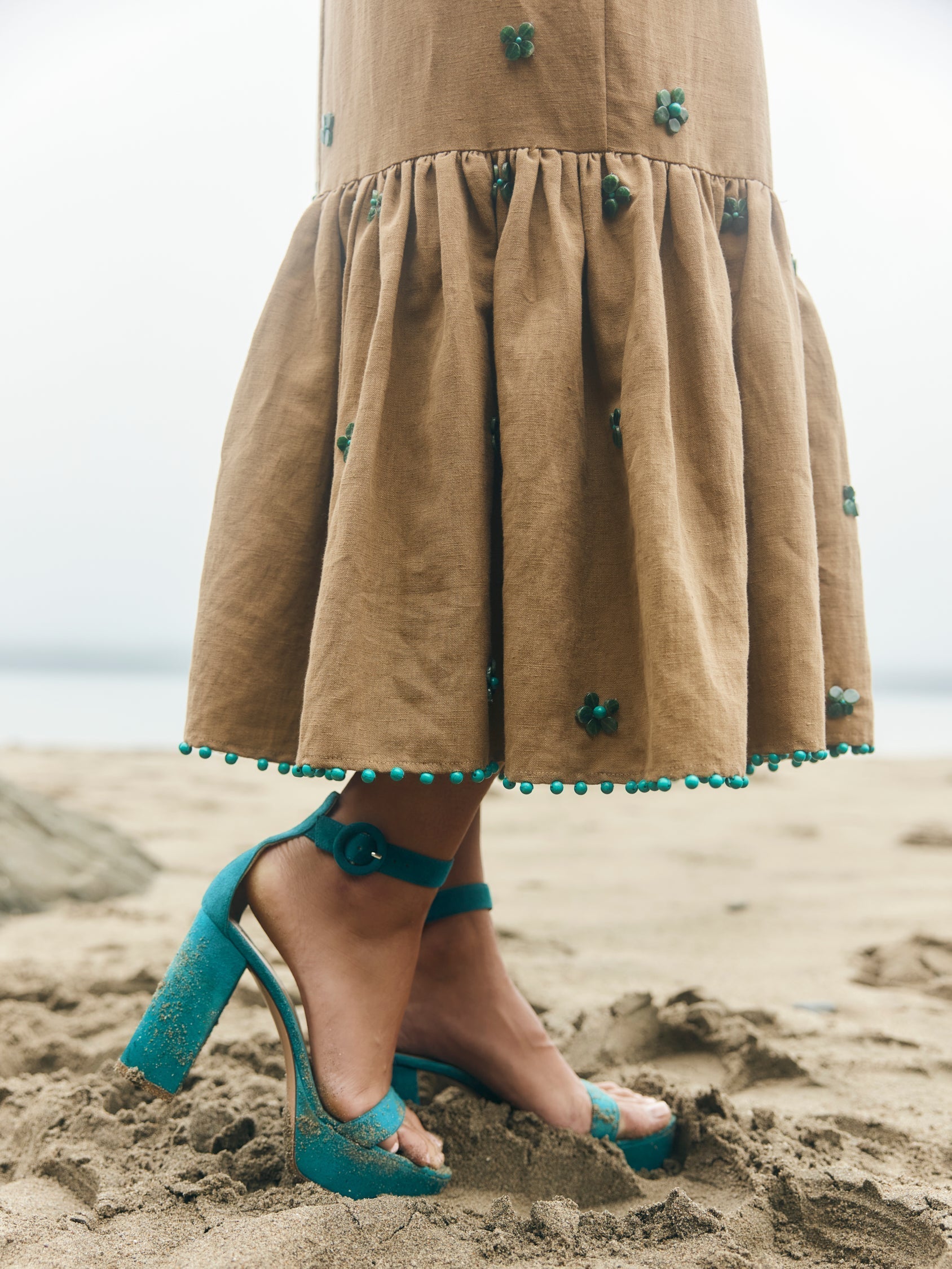 Desirae Midi Dress - Light Fawn & Emeralds