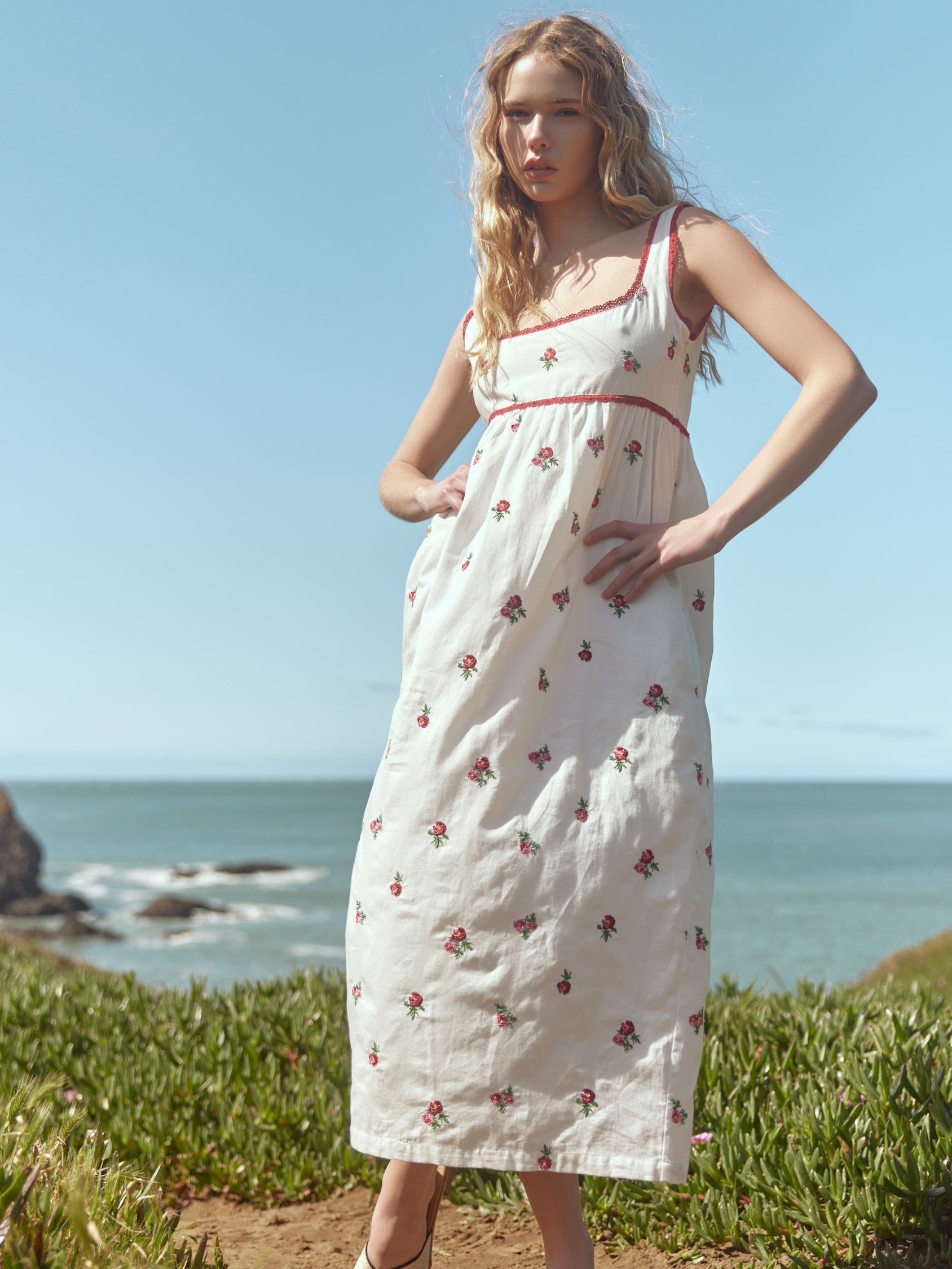 Emily Embroidered Midi Dress - Sugar/Salsa Ditsy Floral Embroidery