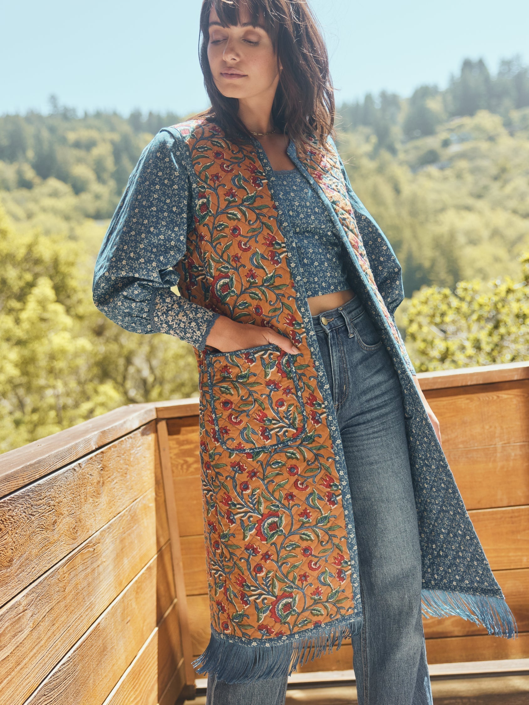 Therese Quilted Reversible Fringe Midi Vest - Tawny/Multicolor Floral & Queen Blue/Mini Alabaster Floral