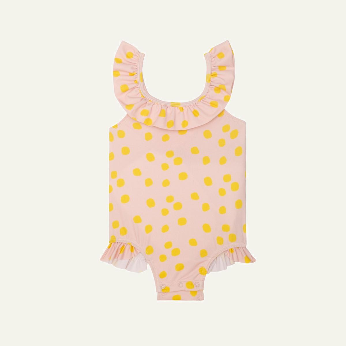 Recycled Polyester Pink Dotted Ruffle Baby Swimsuit - Misty Rose/cyber Yellow