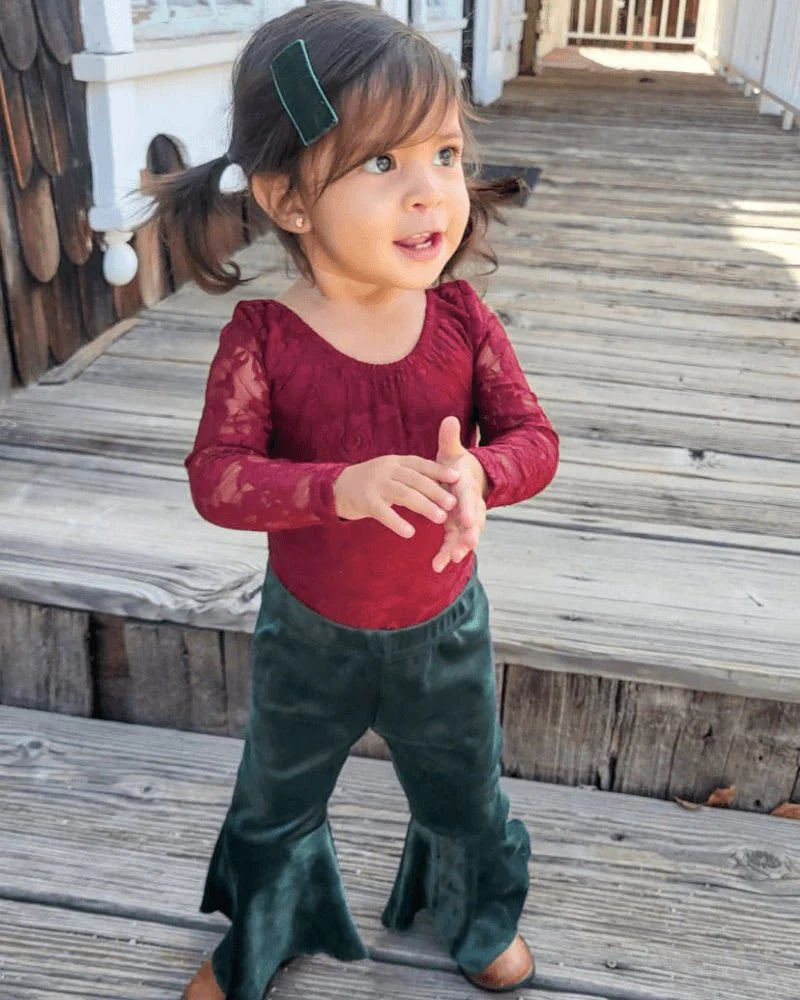 Lina Pleated Velour Bell Bottoms - Hunter