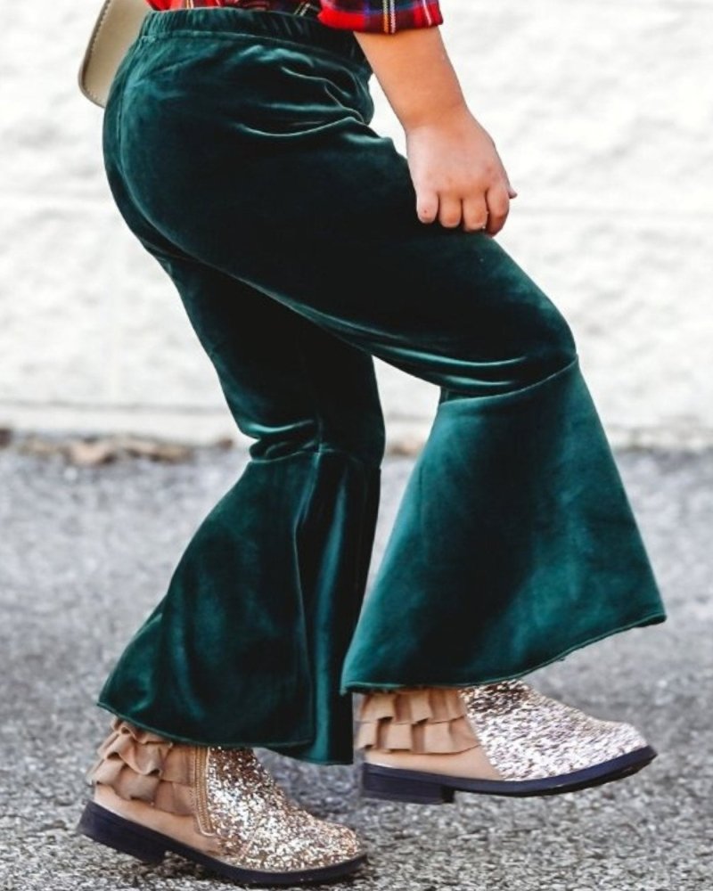 Lina Pleated Velour Bell Bottoms - Hunter