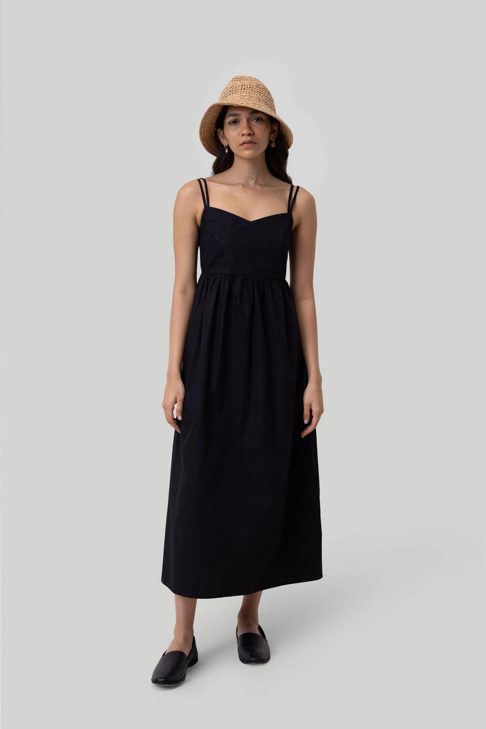 Strappy Gathered Midi Dress - Black