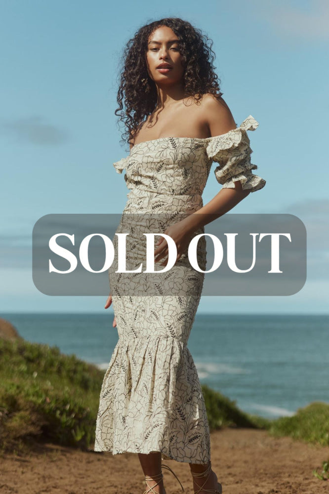 Maggie Embroidered Puff Sleeve Dress - Sand/Moonless Night Floral Outline Embroidery - FINAL SALE