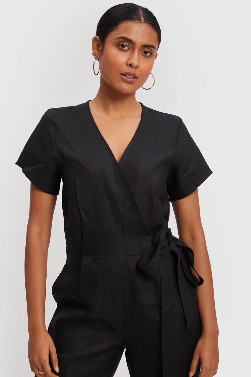 Cropped Wrap Jumpsuit - Black