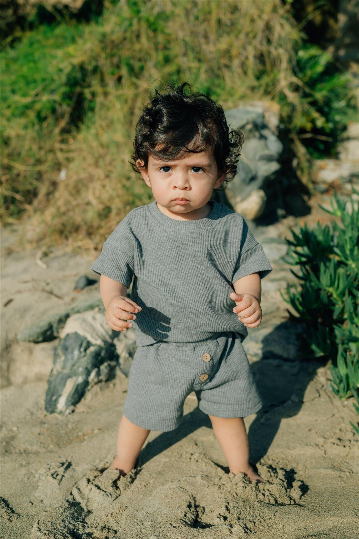 Charcoal Waffle Button Short Set Mebie Baby