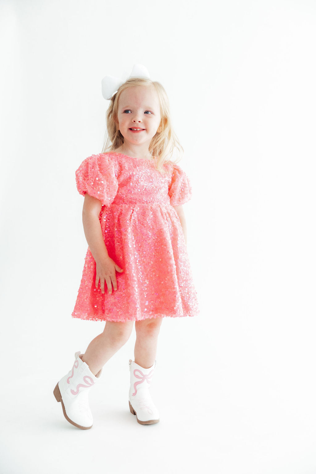 Neon Pink Puff Sleeve Sequin Dress