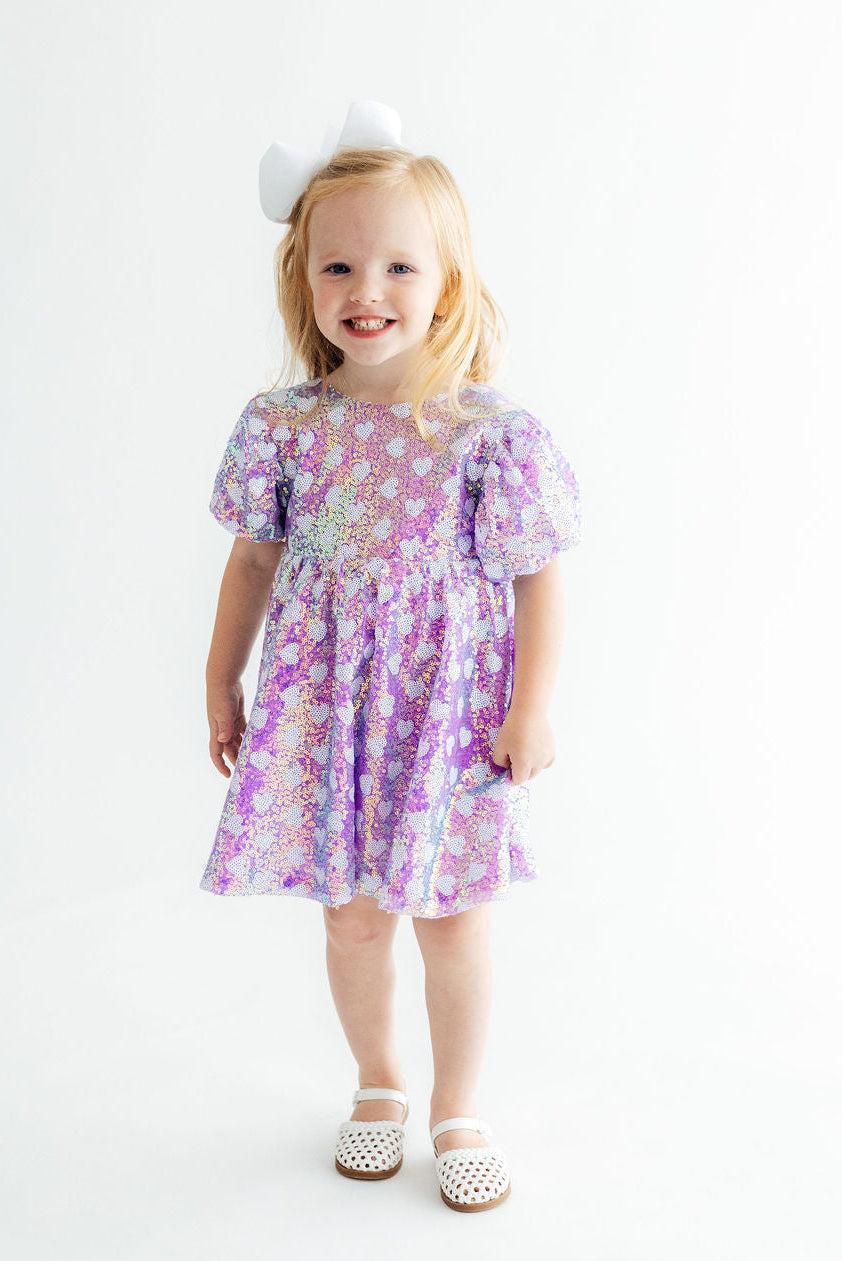 Periwinkle Heart Puff Sleeve Sequin Dress