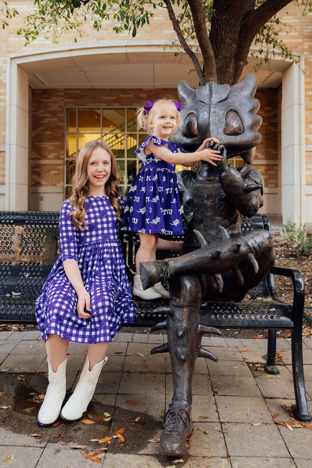 TCU Plaid Frog 3/4 Sleeve Pocket Twirl Dress