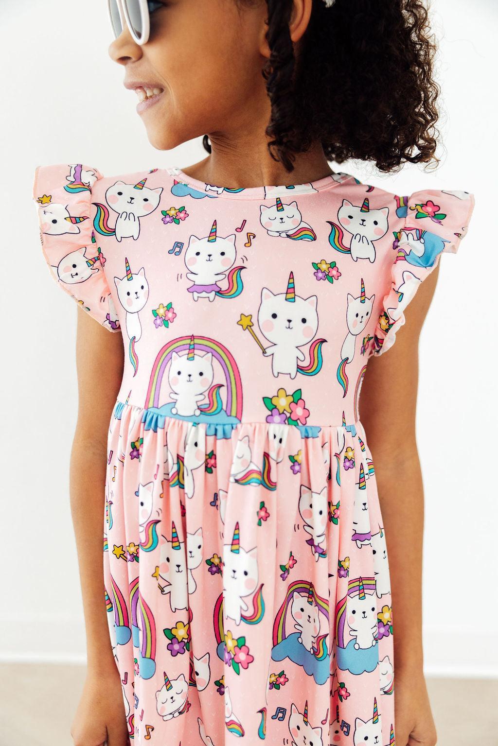 Rainbow Purr-fection Flutter Sleeve Twirl Dress