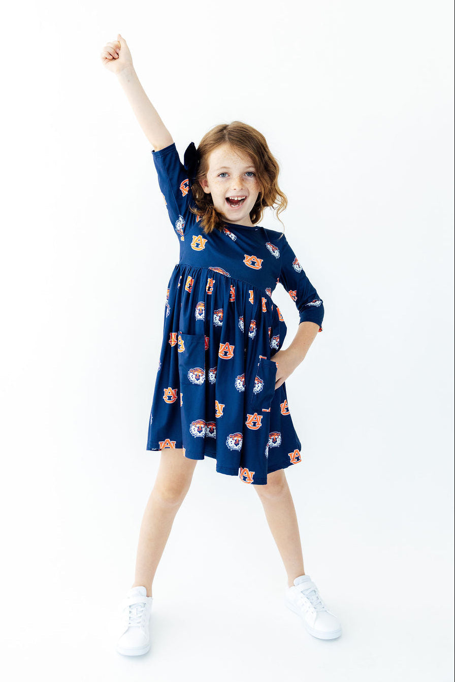 Auburn Blue Aubie 3/4 Sleeve Pocket Twirl Dress