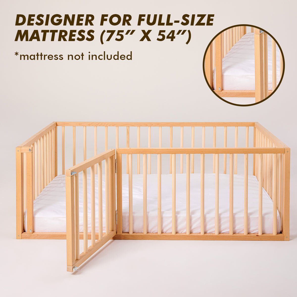 Preorder Full Montessori Floor Bed Frame for Toddlers with Fence and Wooden Slats (75*54 inch) Beds Goodevas